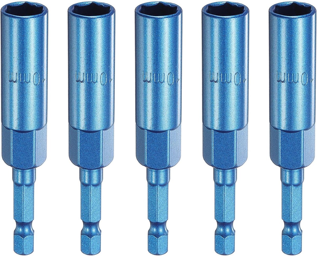 5 stuks moer driver 10 mm zeskantige schacht socket CR-V staal power-schroefbit met 1/4 inch zeskantige snelaansluiting voor accuschroevendraaier Impact Driver, blauw