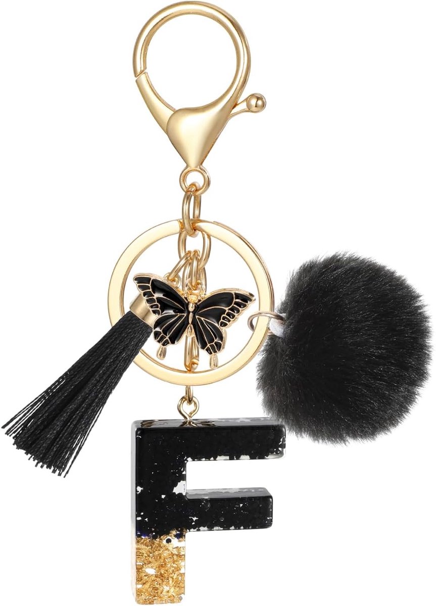 Alfabet sleutelhanger met beginletters, naam sleutelhanger met kwastje vlinder hanger pom pom voor vrouwen, zwarte hars goudfolie pailletten sleutelhanger charme voor deur auto sleutel handtas