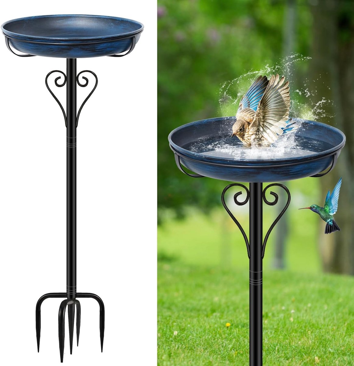 Vogelbad, staand, voederschaal, waterplaats voor tuin, metalen vogelbak, bak, wilde vogelbad, waterbad, vogelbad, groot, vorstbestendig, winterbestendig, vogelbad (vintage blauw)