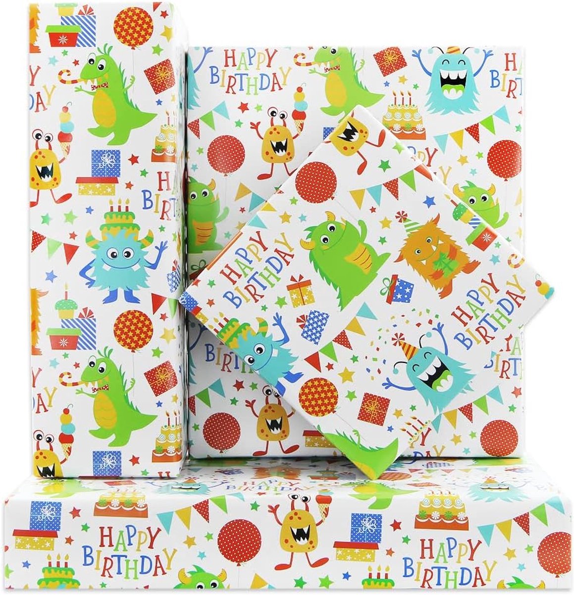 Inpakpapier Voor Jongens Kinderen Meisjes, Gelukkige Verjaardag Kleine Monsters Cadeaupapier, 4 Vellen Plat Gevouwen 50x70cm Per Vel, Voor Alle Verjaardagsfeestjes, Kleuterschool Viering