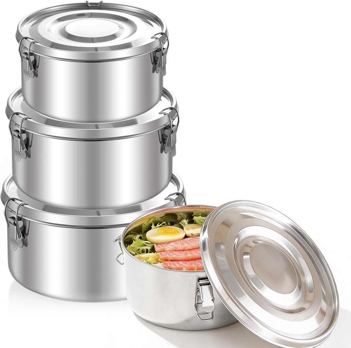 Set van 3 lunchboxen van roestvrij staal - 660 ml, 1040 ml, 1590 ml - Lunchbox van roestvrij staal met deksel en trekkoordzakken - Bentobox voor muesli, soepen en