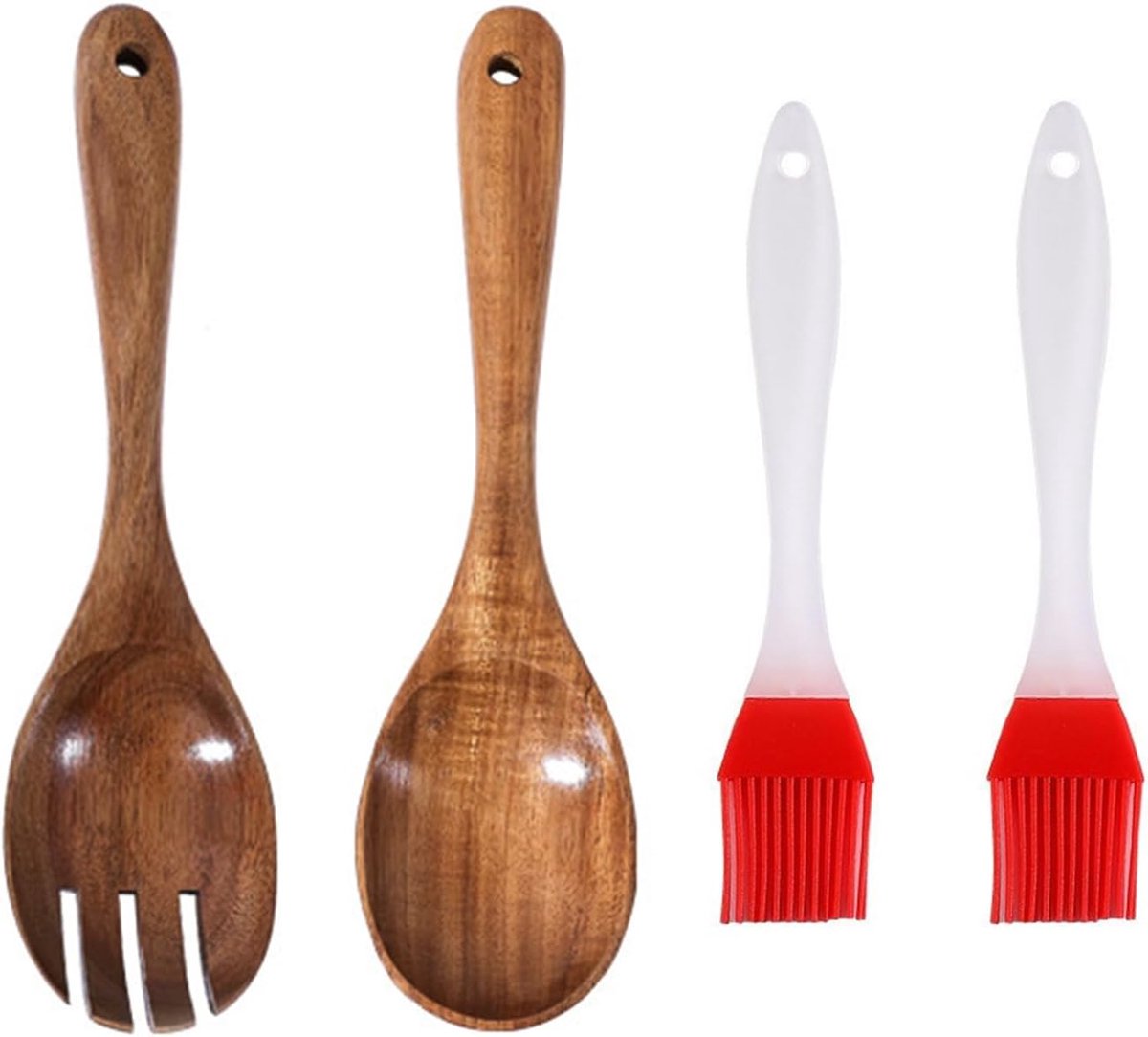 2 Stuks Houten Lepels En 2 Stuks Siliconen Olieborstels, Salade Servies Set, Afneembare Barbecue Borstel, Bakken Olie Borstel, Keukenbenodigdheden.