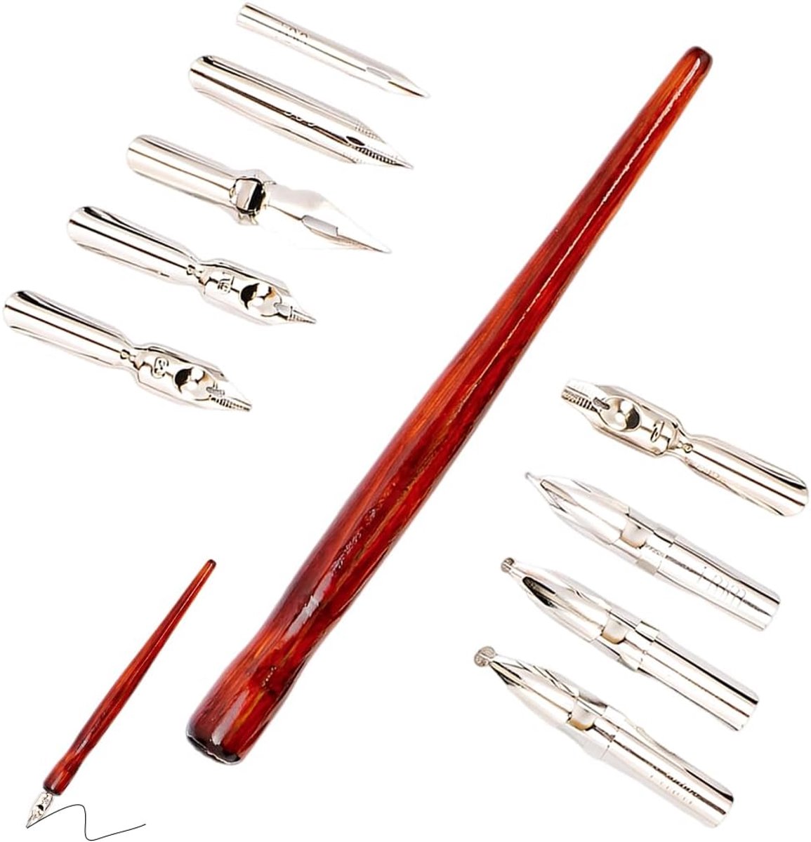 Penhouders en houderset met 1 penhouder, 9 veren, comic penpunten, set kalligrafie, duikstift, tekenveer, schoonschrijvvulling, schrijfpen, penhouder, kalligrafieset voor kunstenaars