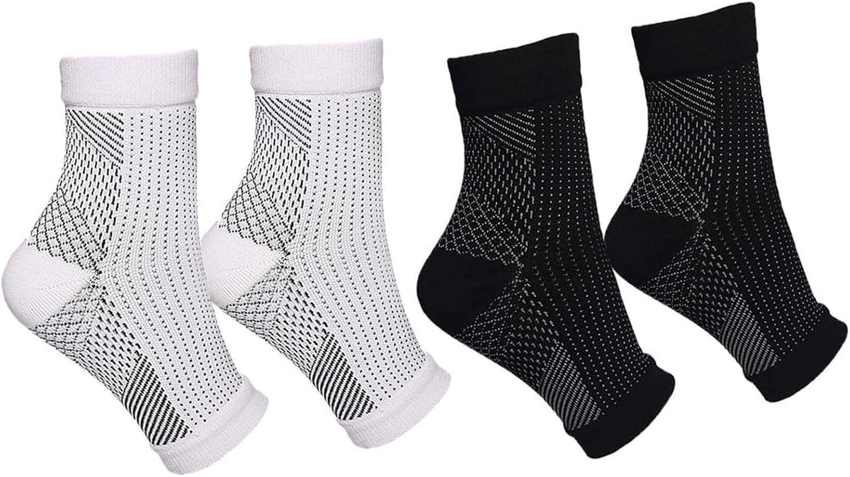 Sokken, 2 stuks enkelsteun, fasciitis, voetboog, neuropathische antislip sokken met ademende stof voor sport, gewrichtspijn, wit/zwart