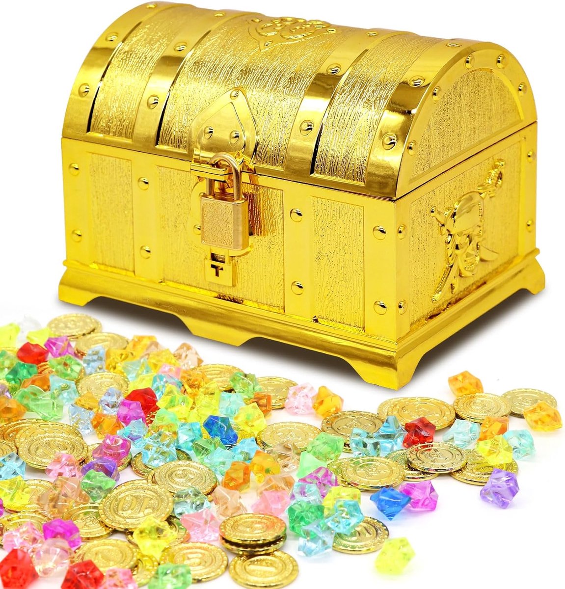 Schatkist Voor Kinderverjaardag Met Piraten, Gouden Munten, Diamant, Slot En Sleutel, Decoratie, Opbergdoos, 14 X 9,7 X 9,5 Cm