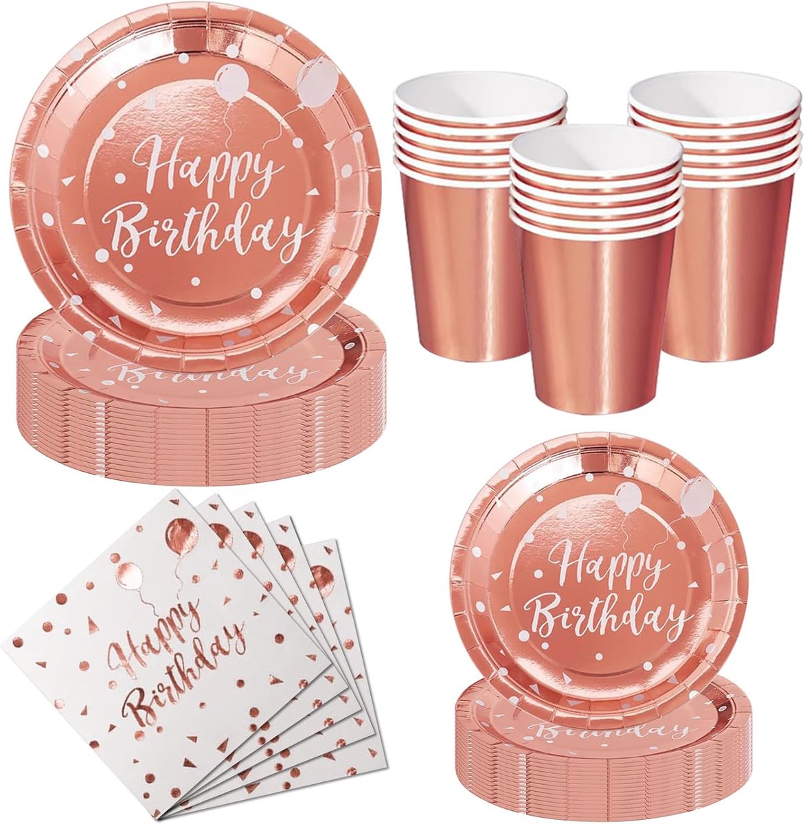 Feest Servies voor Kinderfeestjes, 50-Delige Roségouden Verjaardagsservies Set van Karton - met Wegwerp Kartonnen Borden, Servetten en Bekers - Wegwerpservies voor Verjaardagsdecoratie