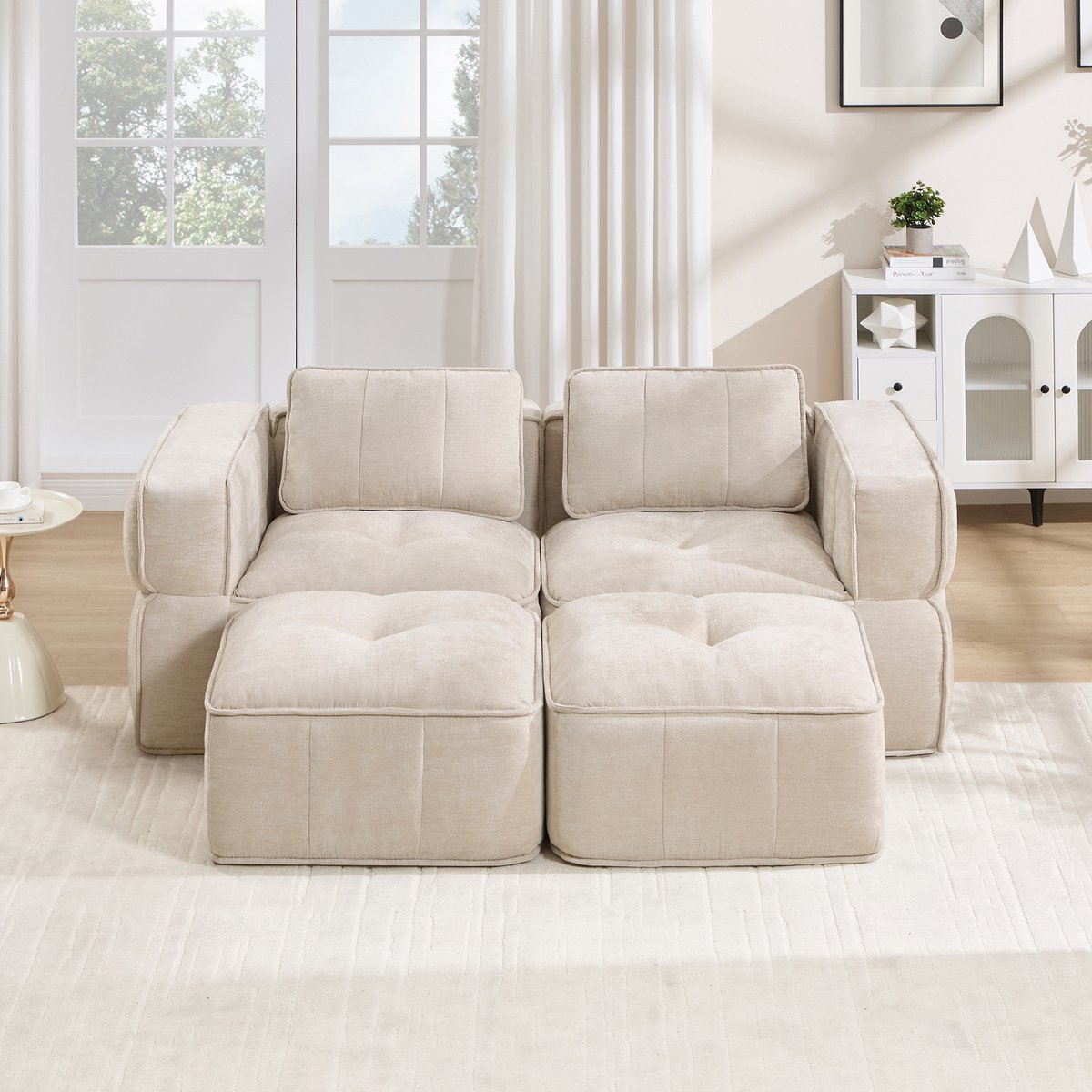 Pugsdrly Modulaire tweezitsbank met twee poefs, zonder steunpoten, 32D-schuim met hoge dichtheid, diepe zitting, zachte en comfortabele stof, ideaal voor de woonkamer en het appartement, beige.