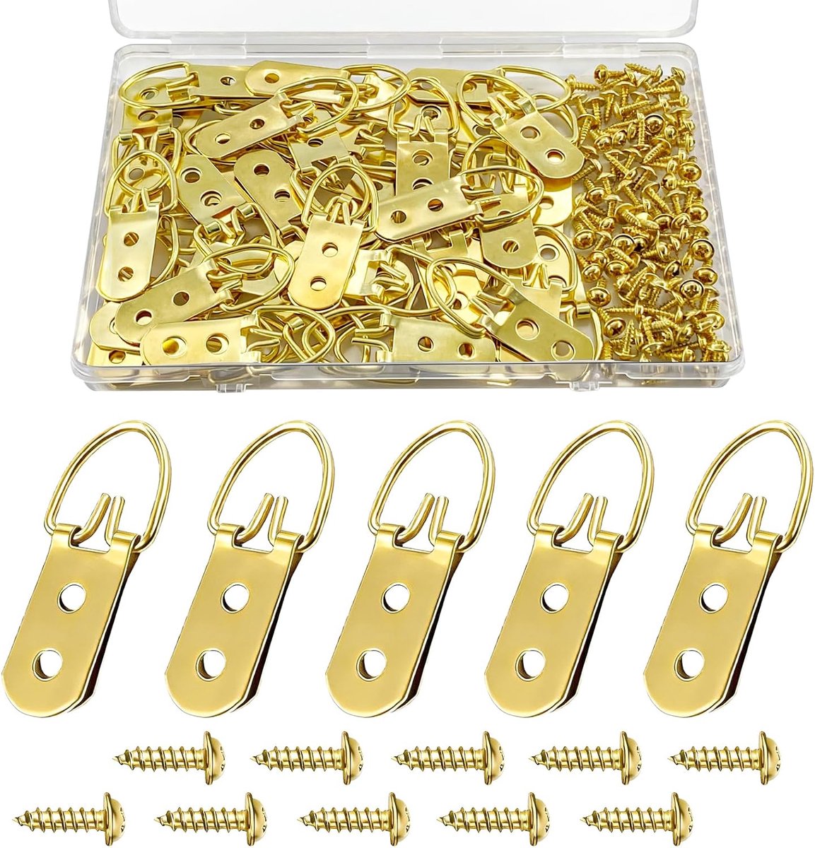 30 stuks D-ring-fotohaken met schroeven, zeer belastbare fotoophanging, fotohaken met twee gaten, gouden D-ringen (goud, 50 stuks)