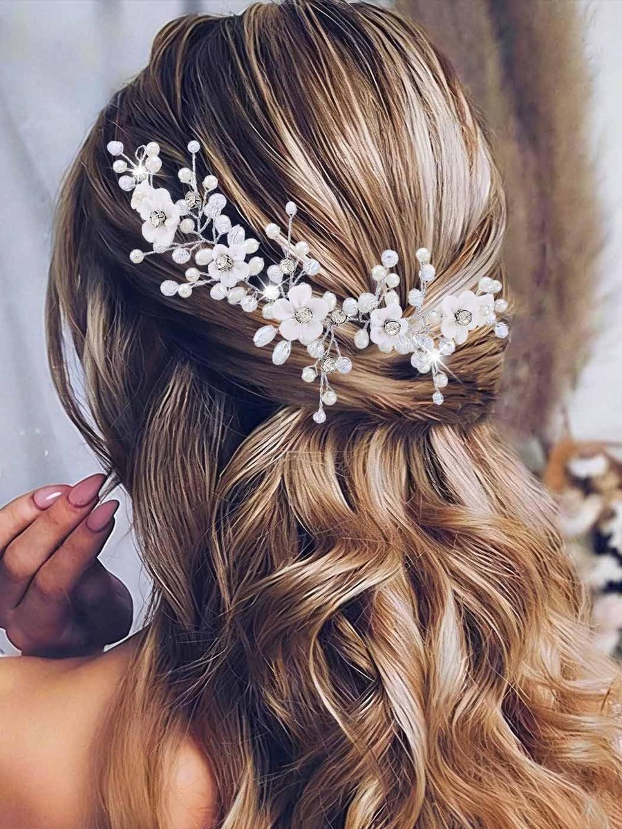 Haarsieraad met bloem, bruid, bruiloft, wijnstok, zilverkleurig, parels, hoofdtooi, haarsieraad voor dames en meisjes (zilver, eenheidsmaat)