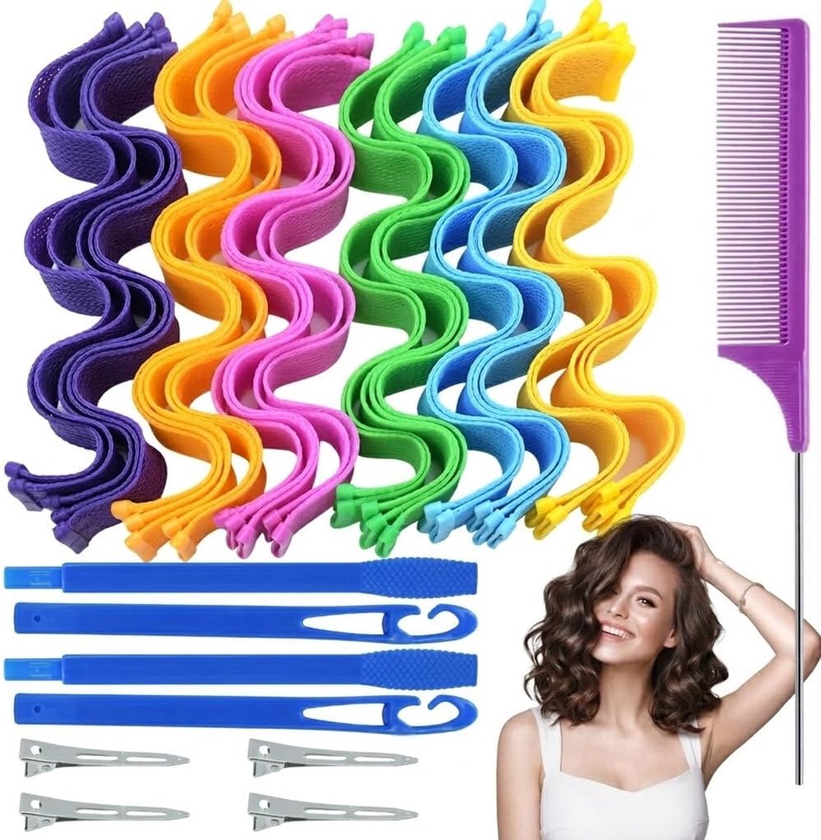 30 stuks krultangen voor lang haar zonder haarschade + 4 high top haarspelden + 1 beauty-kam + 2 styling-haken, spiraalkrulspelden styling-set zonder hitte en zonder haarschade