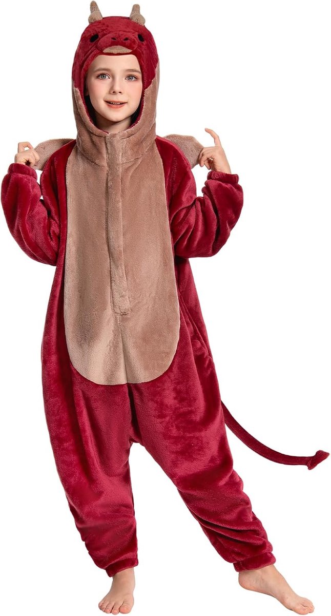Kinder Animal Onesie Unisex Zachte Pluche Fleece Pyjama voor Jongens Meisjes Knuffelig Eendelig Pyjama Cosplay Kostuum voor Carnaval Halloween Kerstmis (Rode Draak, 9-11 Jaar)