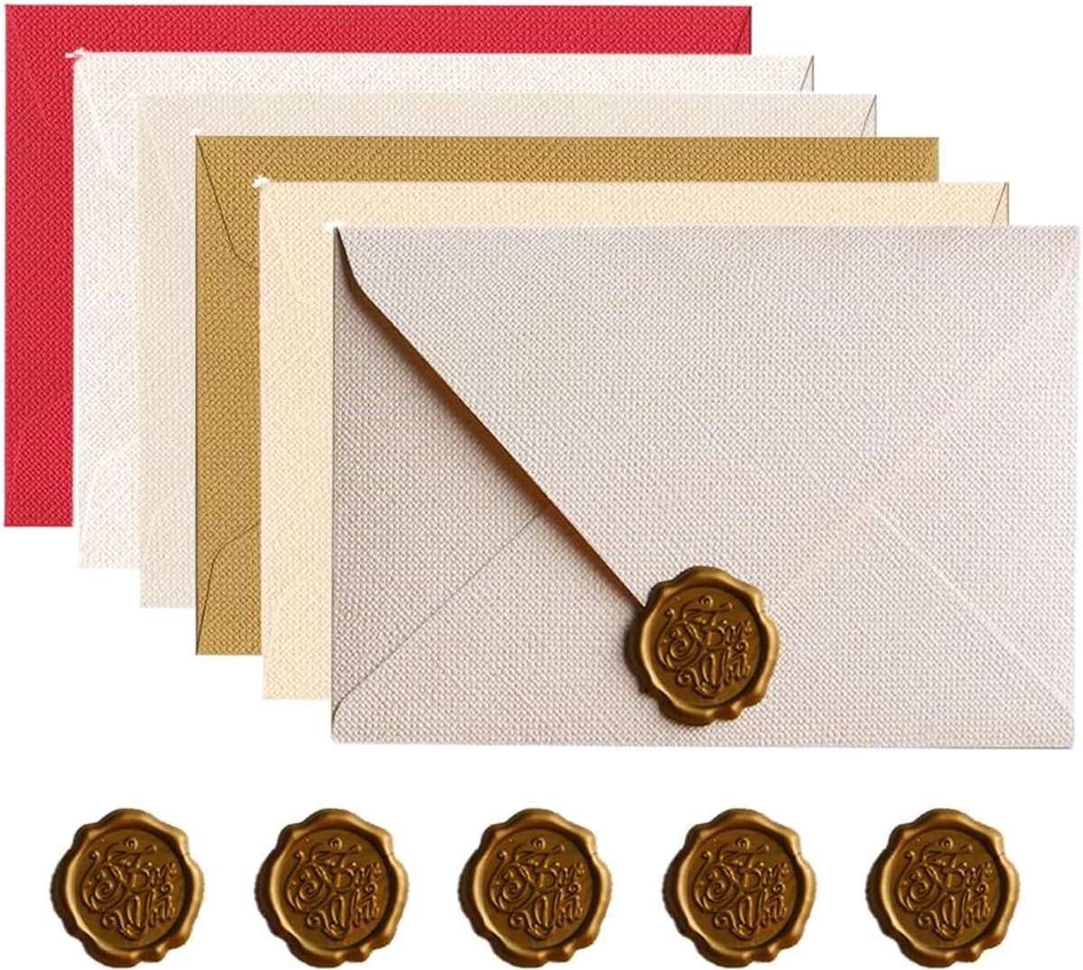 Set van 6 linnen enveloppen in 6 kleuren (6 enveloppen + 6 stempels met vuurkleur) van papier met watermerk voor uitnodigingen, verlovingen, doopfeesten, verjaardagen, huwelijksjubilea