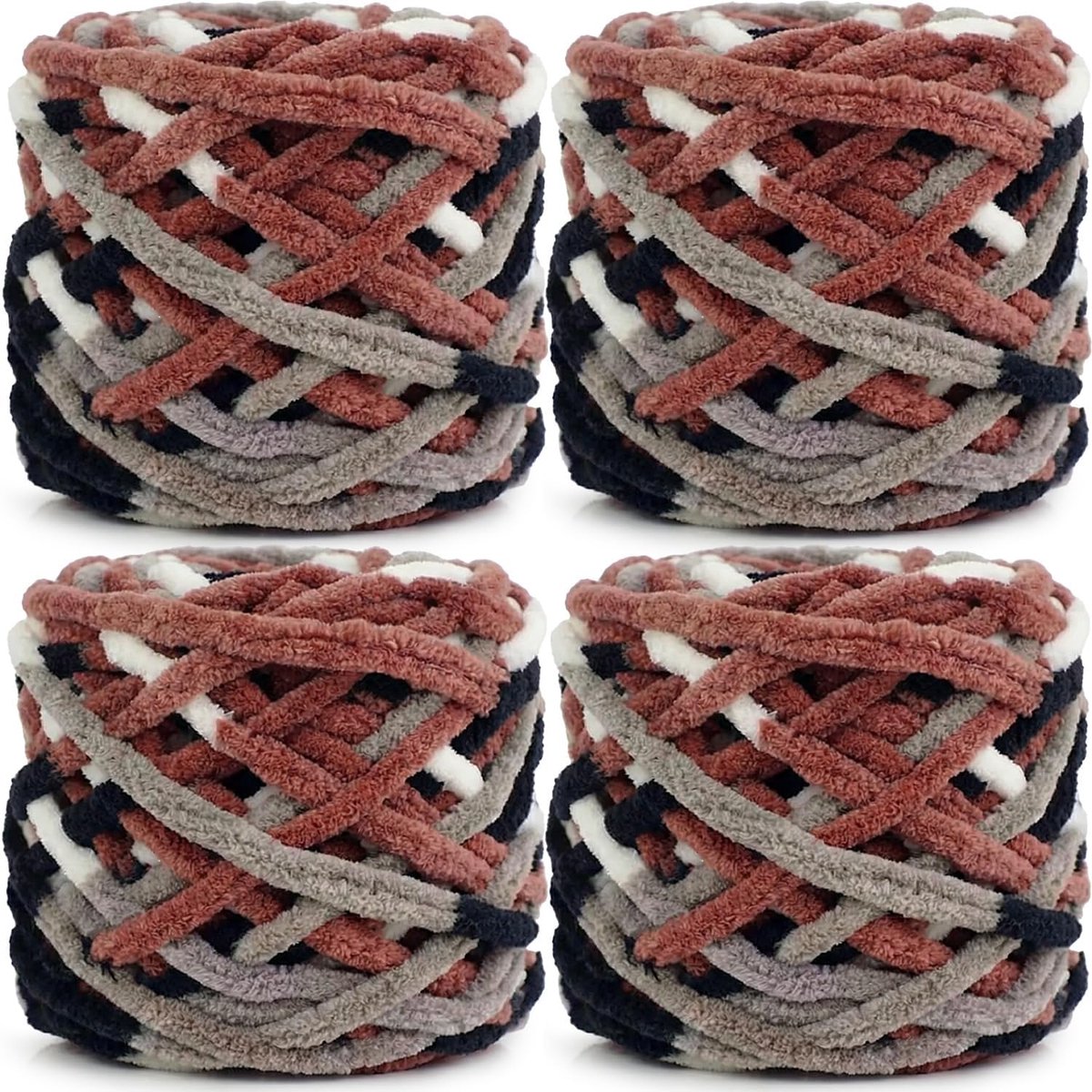 Chunky chenille-garen 4 x 100 g meerkleurige haakwol voor handbreien dekens, breiwol voor grote dekens, sokken en sjaals (koffiegrijze bloem)