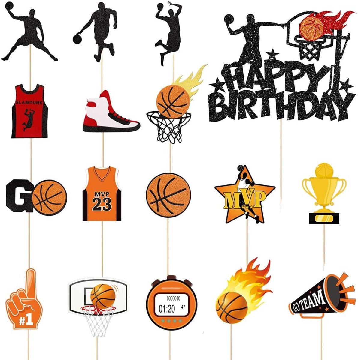17 stuks decoratie voor taarten, basketbal, verjaardagstaartdecoratie, papier, decoratie, verjaardag, basketbal, Happy Birthday, taarttopper, voor basketbalthemafeesten