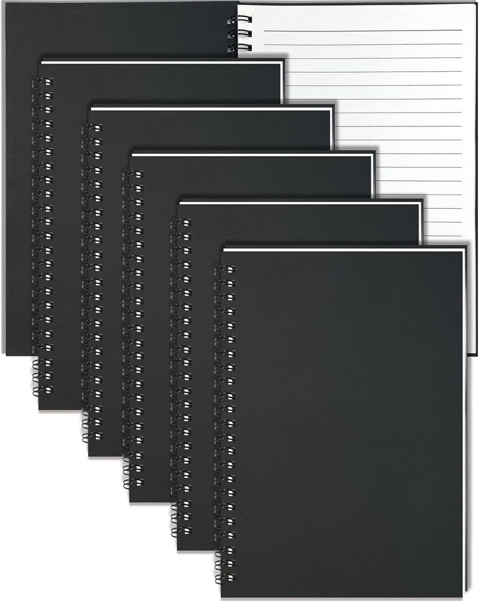 Set van 6 Notitieboek A5, Zwart Kraftpapier Kaft Spiraalnotitieboek 60 Vellen 21x14,5 cm Gelinieerd Spiraalblokken voor School Kantoor Thuisgebruik en Projecten