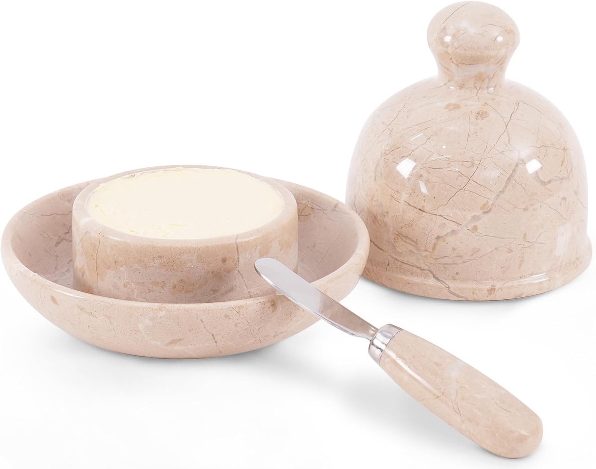 Marmeren botervloot met deksel 6" inch Verona handgemaakte boterstrooier voor brood, boterkruik voor aanrecht met water Franse boter, boerderij keuken decor