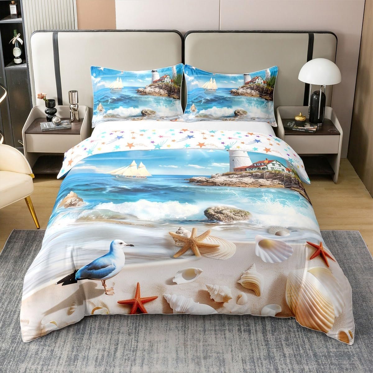 Beach Dekbedovertrekset, 100% natuurlijk katoen, XL, vuurtoren, zeesterren, schelp, vogelprint, dekbedovertrek met 2 kussenslopen, blauwe zee, landschap, natuurlijke slaapkamer, quilt, 3 stuks