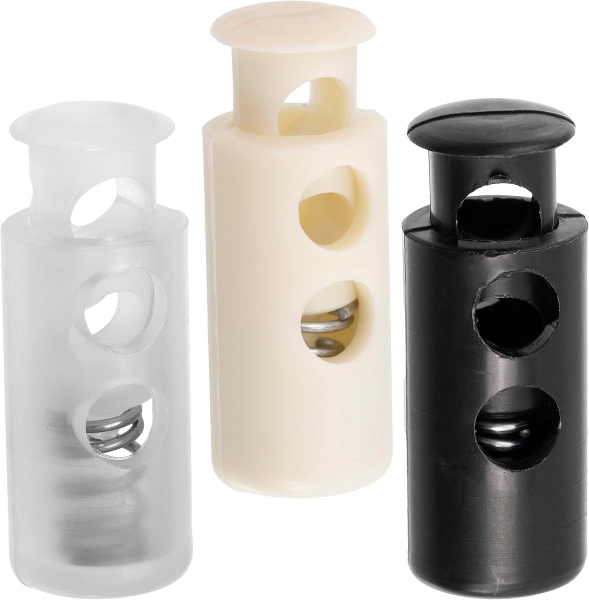 - Set van 12 cilindrische koordstoppers met veer en 2 gaten - kleur ecru donkerblauw transparant wit - openingen 3.5 mm - van kunststof - DIY creaties aanpassing veters kleding