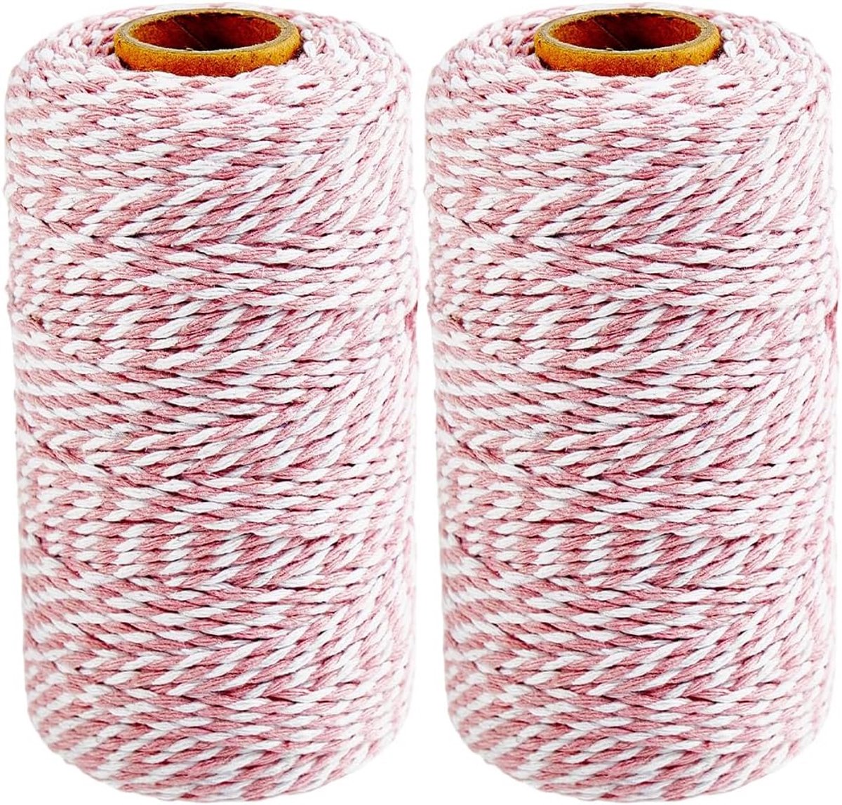 2 Rollen 200M 2 MM Roze en Wit Katoenen Touw String Kerst Twist Bakers Verpakking Koord Macrame Ronde Vlecht Draad Bulk voor Ambachten Verjaardag Bruiloft Decor Gift Wrapping Tuinieren