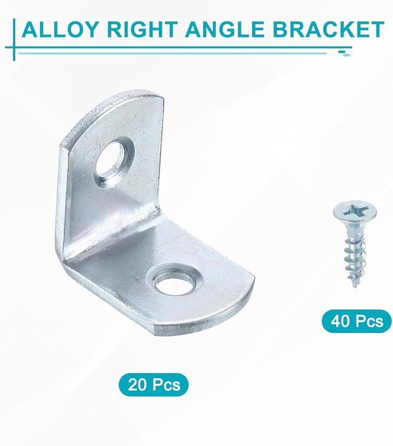 20 stuks L-hoekhoeken, metalen verbinders, haakse hoekklemmen met afgeronde hoeken en schroeven voor houten planken, zilver, 20 x 15 x 20 mm — afbeelding 2