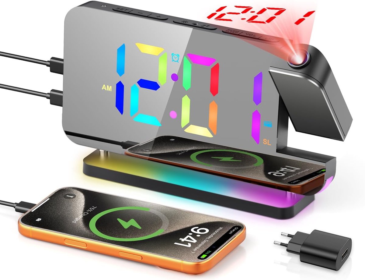Projectiewekkerradio met RGB Sfeerlicht en 180 Graden Projector | 10 Kleuren Bodemverlichting met 11 Displaymodi USB Oplader en Dubbel Alarm voor Koppels en Tieners in Moderne Slaapkamers