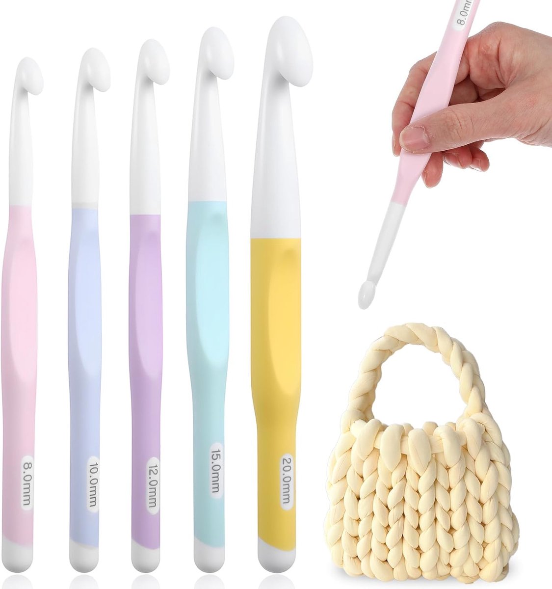 Haaknaaldenset met rubberen handgreep, maten 8/10/12/15/20 mm, ergonomische kunststof haaknaalden met ABS haakkop, TPR haakgreep, chunky haaknaald voor dekens, truien, sjaals