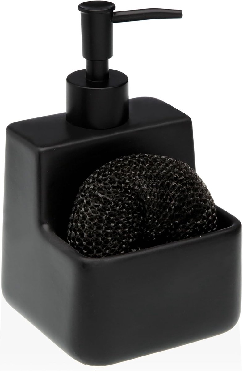 Zeepdispenser met sponshouder, modern design en functionaliteit voor je keuken, voor spoelbak, voor pomp met sponshouder, navulbare dispenser, vierkant (zwart)