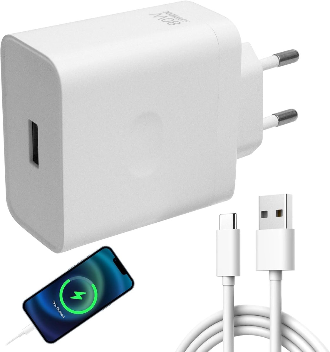 80 W USB-C oplader voor Oppo Super-VOOC, oplader met USB-A naar C-kabel voor Oppo Find X7/X6/X5/X3/Reno 11/10/8/7/6 voor OnePlus 11/10T Nord 2T/10 Pro voor Realme GT/9 Pro
