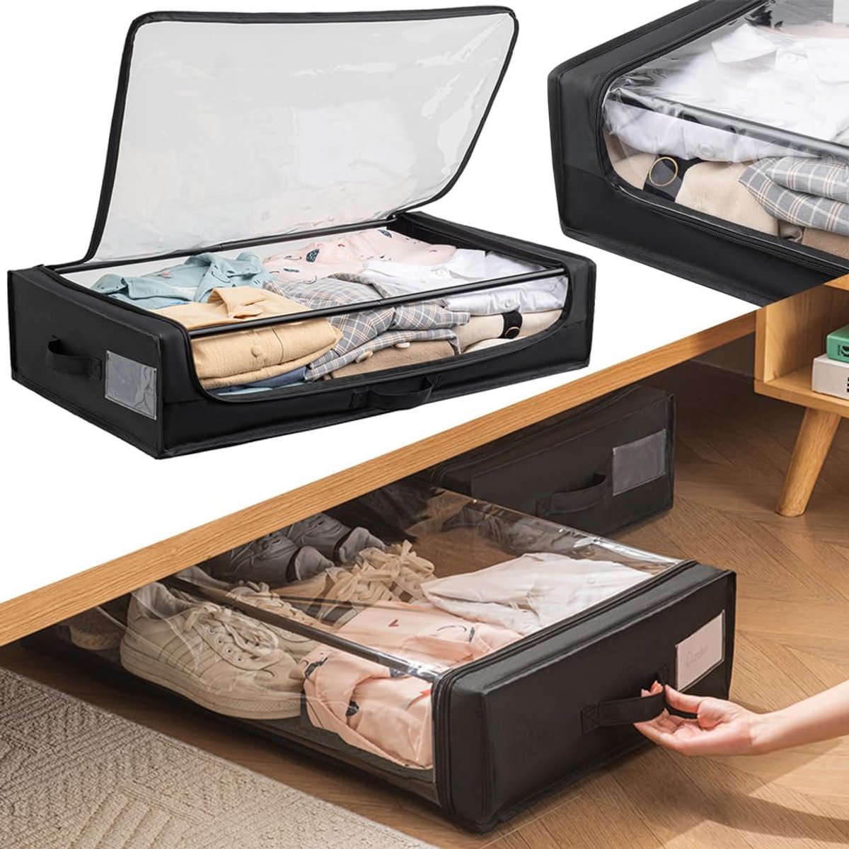 Onderbedcommode met wieltjes, ruimtebesparend, organizer voor kleding, extra groot voor het wisselen van het seizoen, smalle onderbedbox met wieltjes, ritssluiting, handgrepen en deksel