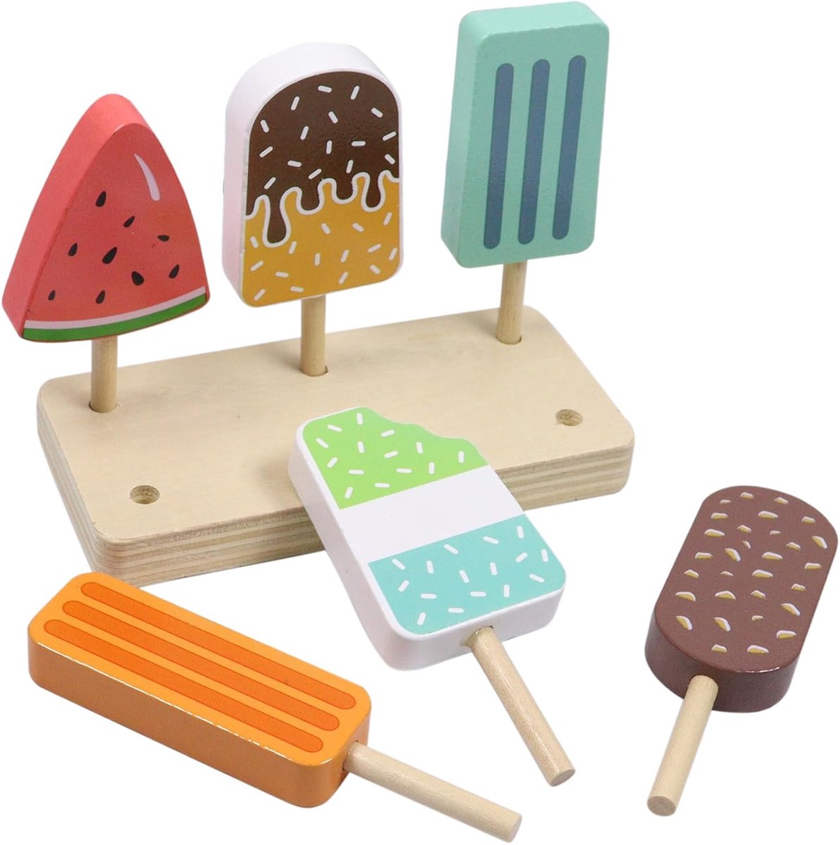 Kinder Hout, IJS Houten Speelgoed, 6 Stuks IJS Speelgoed voor Kinderen, Winkeltje Toebehoren Hout met Standaard, Winkeltje Toebehoren Cadeau voor Meisjes Jongens Montessori Speelgoed 3 4 5 6