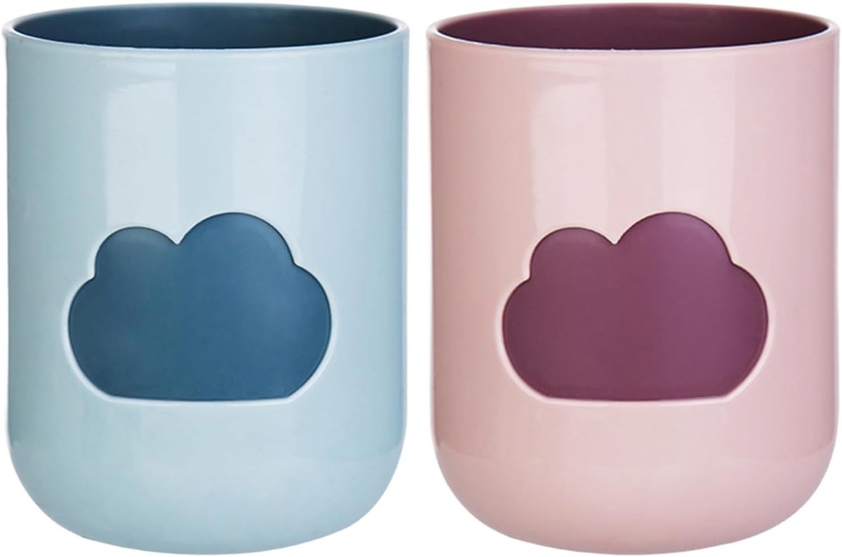 Beker, tandenborstel, 2 stuks, harde plastic bekers, herbruikbaar, wolkenpatroon voor dranken, koffie, thee, water, bier, melk, sap, reisbeker, stapelbaar (roze)