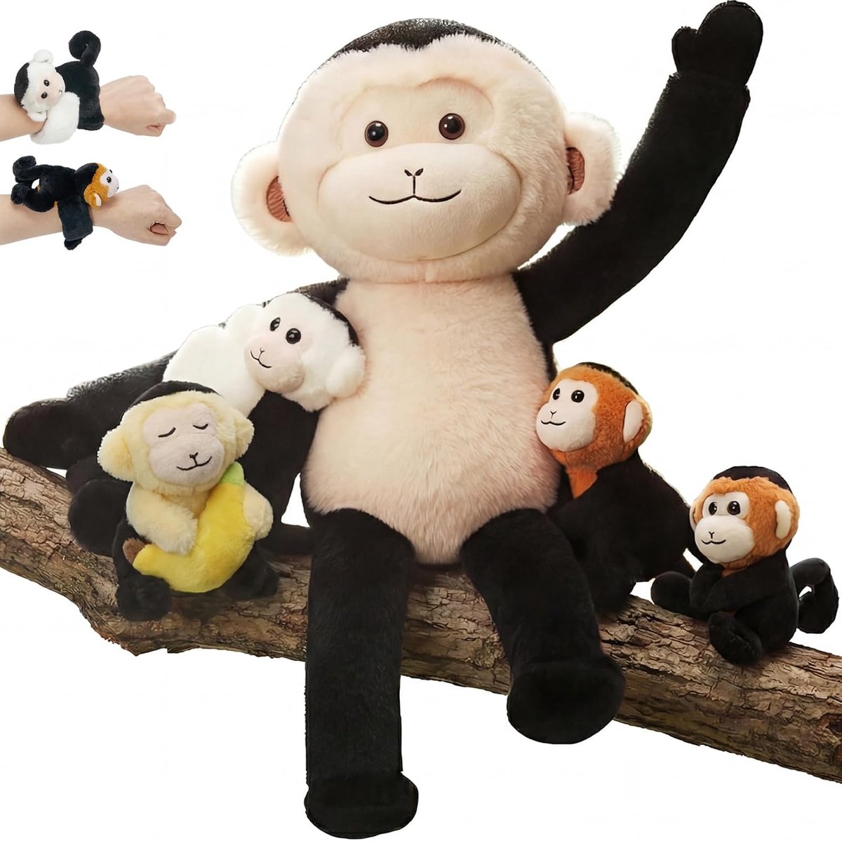 5-delige set aap knuffeldier pluche dier mama met 4 baby's in de buik | Zachte, wasbare 49 cm aapenset met ritssluiting, interactieve pluche mama ideaal als cadeau voor kinderen.