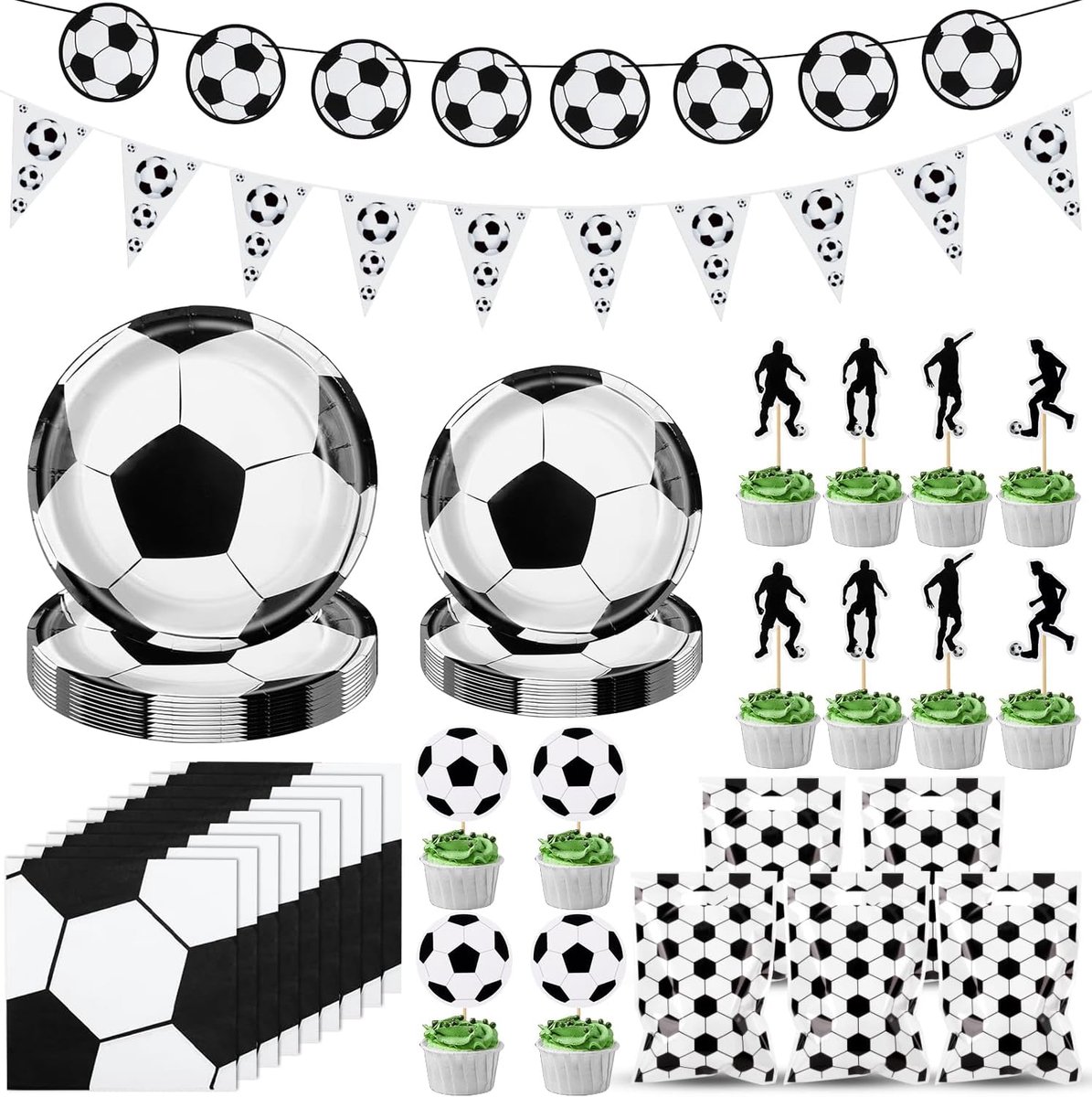 80 stuks voetbalfeestservies, voetbaldecoratie, verjaardag, kinderen, papieren borden, servetten, cadeauzakjes, banner, vlaggetjesslinger en taartdecoratie, voetbal, themafeestartikelen