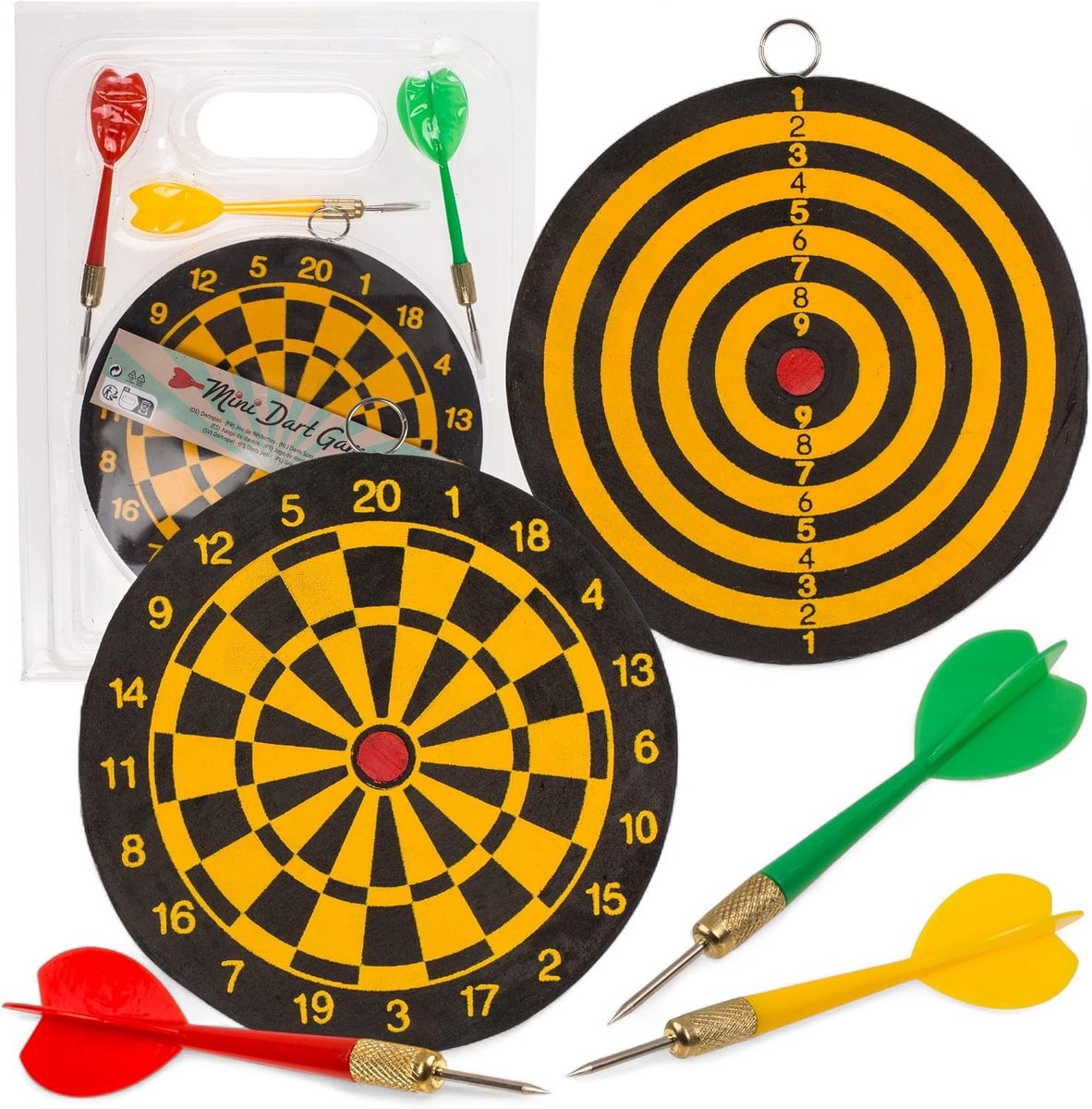 Mini-dartspel met 3 metalen darts – dubbelzijdige houten doelschijf Ø 15 cm – klassiek werpspel voor jongeren & volwassenen – voor binnen en buiten