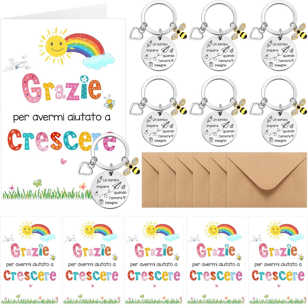 6 sets bedankcadeaus voor lerares, cadeau voor het einde van het jaar voor leraren, 6 leraar-sleutelhangers, 6 wenskaarten met regenboogmotief, 6 enveloppen voor basisschool, Kerstmis