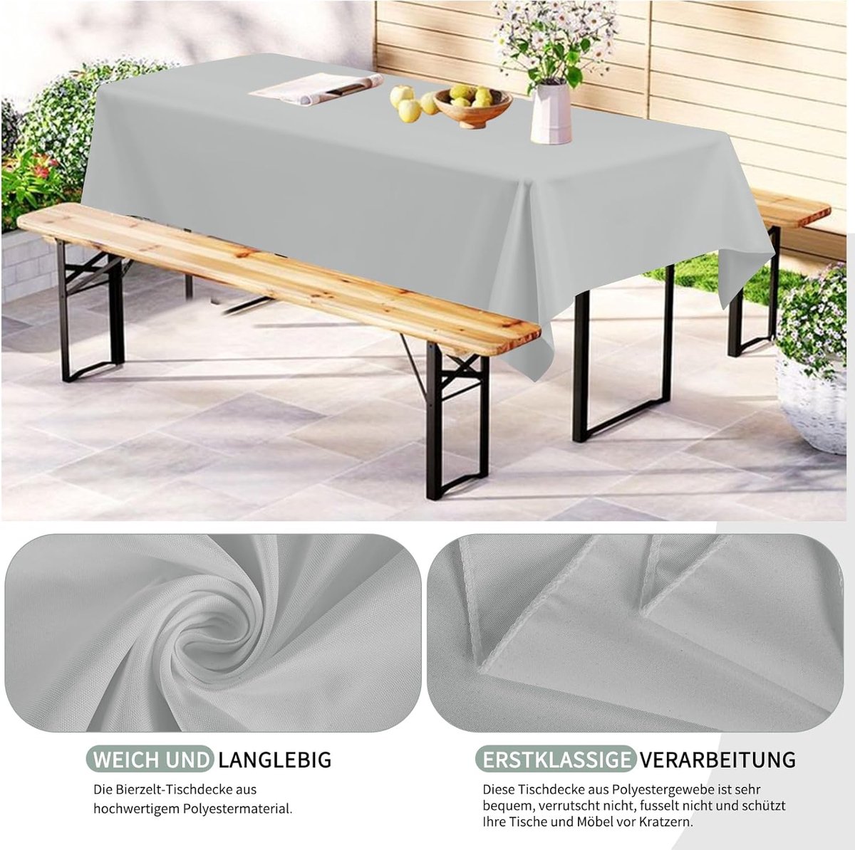 Tafelkleden 260 x 110 cm, lichtgrijs biertenthoes, ondoorzichtig polyester biertafelkleed, wasbare tafelkleden voor buitenbanketten (lichtgrijs)