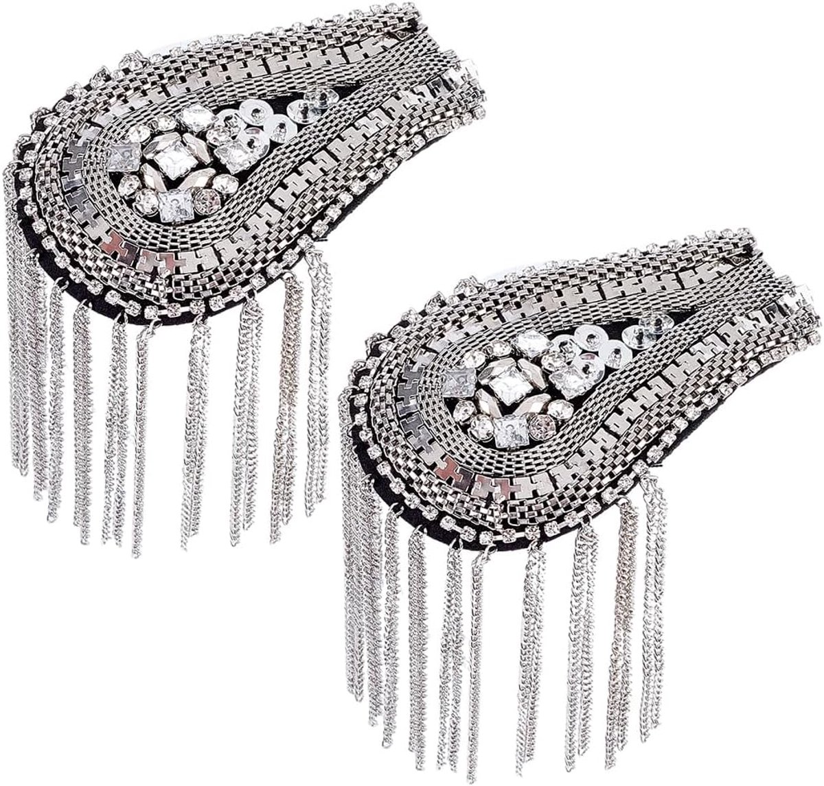2 stuks zilveren franjes schouder strass epauletten met pin fonkelende schakelketting druppelvorm kwast badge glitter decoratieve vintage applicaties voor dames kledingaccessoires H
