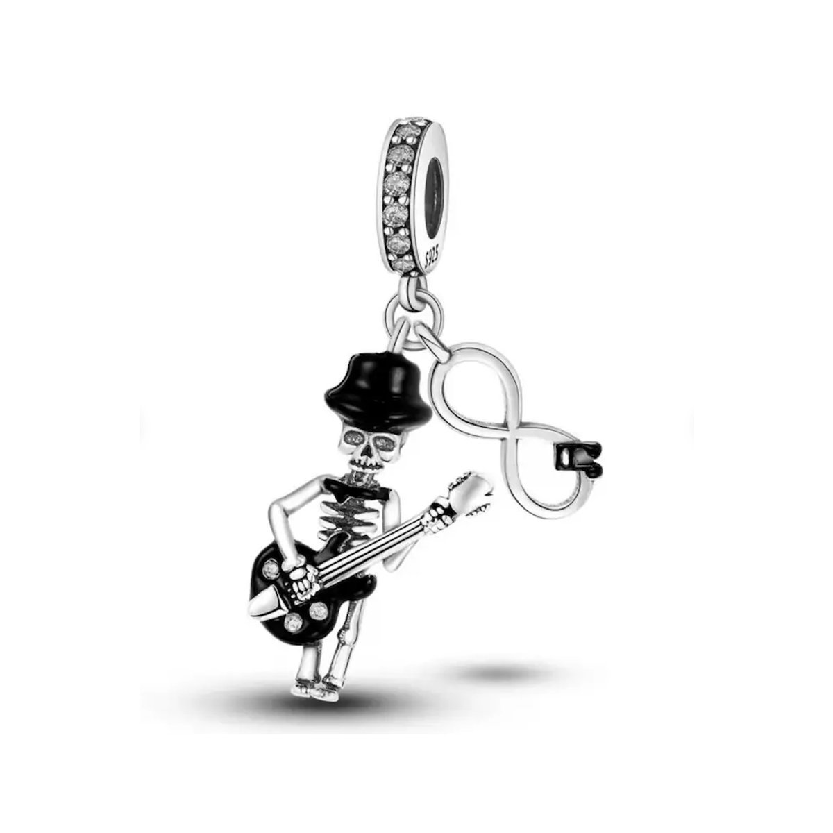 Fler® | Bedel | Past op populaire bedelarmbanden (standaard - 3mm) | Skelet Gitarist | Hangbedel Charm | 925 sterling zilver | Transparante zirkonia | Zwarte emaille | Valentijnsdag Cadeau | Sinterklaas kado | Kerstcadeau | Verjaardagsgeschenk