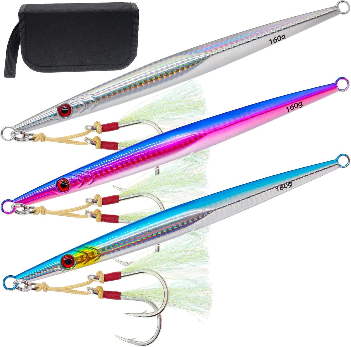 3 stks Zoutwater Verticale Visjigmallen Metalen Jigging Lepel Snelheid Snel Diepzee Jigging Vissen Lokt Lichtgevende Loodmallen met Assist Haken voor Tonijn Bas Dogtooth Grouper (5.0 oz