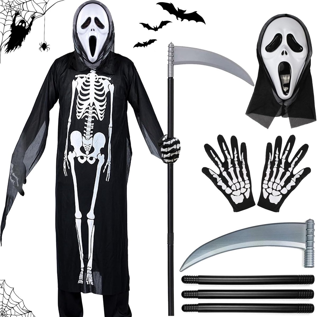 Kostuumset, Kinderskeletkostuum met Schedelmasker, Handschoenen en Zeis, Grim Reaper Kostuum, Spookkostuum, voor Halloween Cosplay Carnaval Horror Outfit