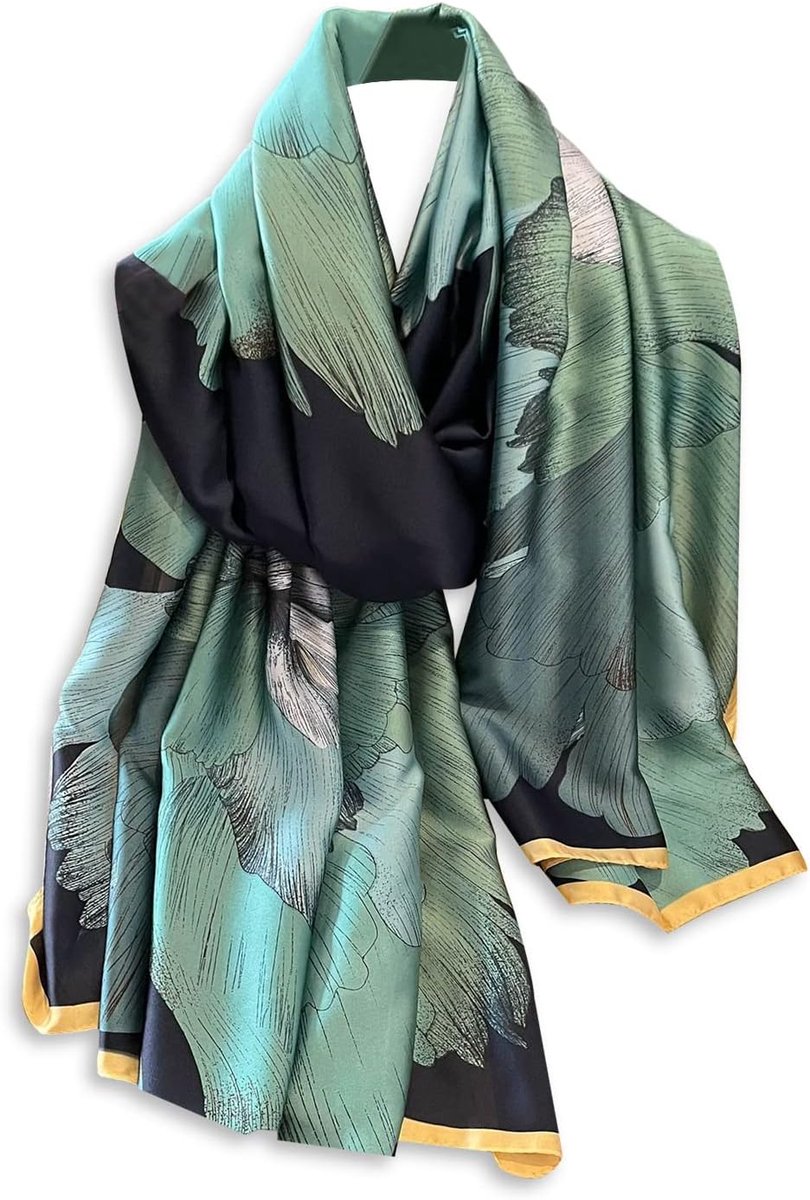Zijden sjaal dames bloemen bladeren plant gedrukt patroon mode elegante stijl lange halsdoeken zachte warme zijden doek halsdoeken doeken zonnecrème stola sjaal het hele jaar door, Blauw
