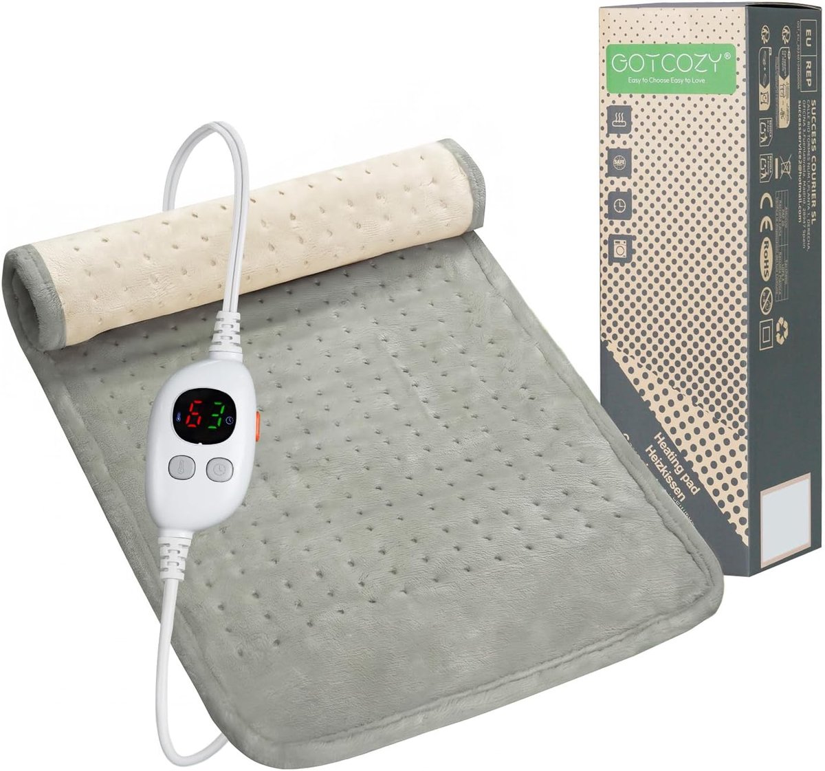 Warmtekussen 30x60cm - Elektrisch - 6 Warmtestanden - 3-Uurs Automatische Uitschakeling - Wasbaar - Grijs