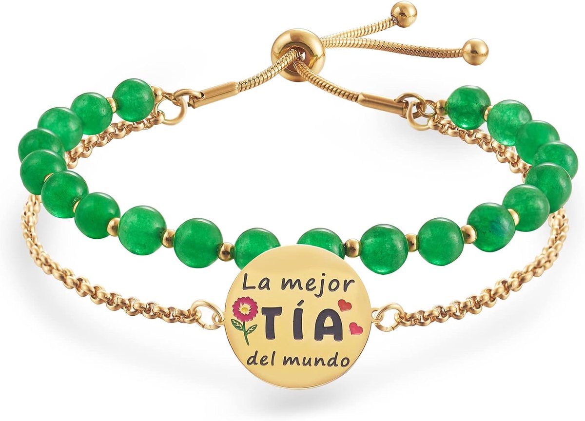 Doble Cuenta Pulsera Regalos la mejor Tía del mundo, Pulsera Personalizada Mujer Acero Inoxidable Ajustable, Regalo Cumpleaños Original, Oro