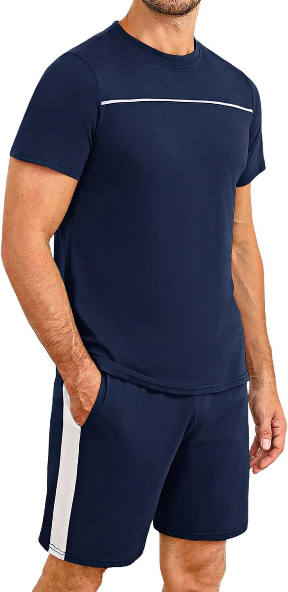 Herenpyjama katoen korte mouwen zomer shorty nachtkleding ronde hals slaapkleding pyjama huispak vrijetijdspak T-shirt pyjamabroek tweedelige set