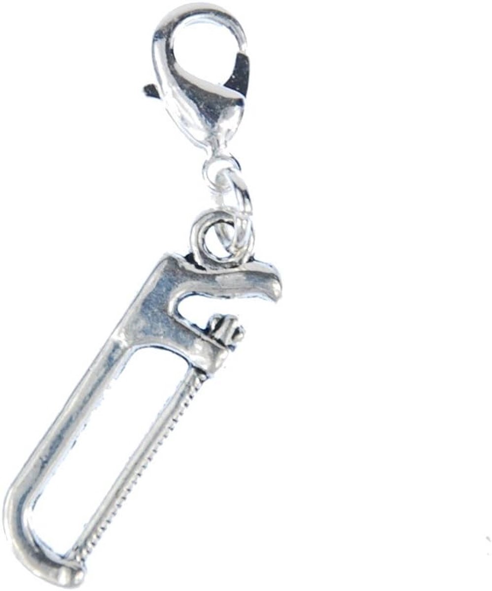 Zaag beugelzaag Charm Zipper Pull handzaag werkplaats knutselen - handgemaakte modesieraden I kettinghanger verzilverd - bedelhanger bedelarmband - hanger voor armband, 25 mm, Metaal, Geen