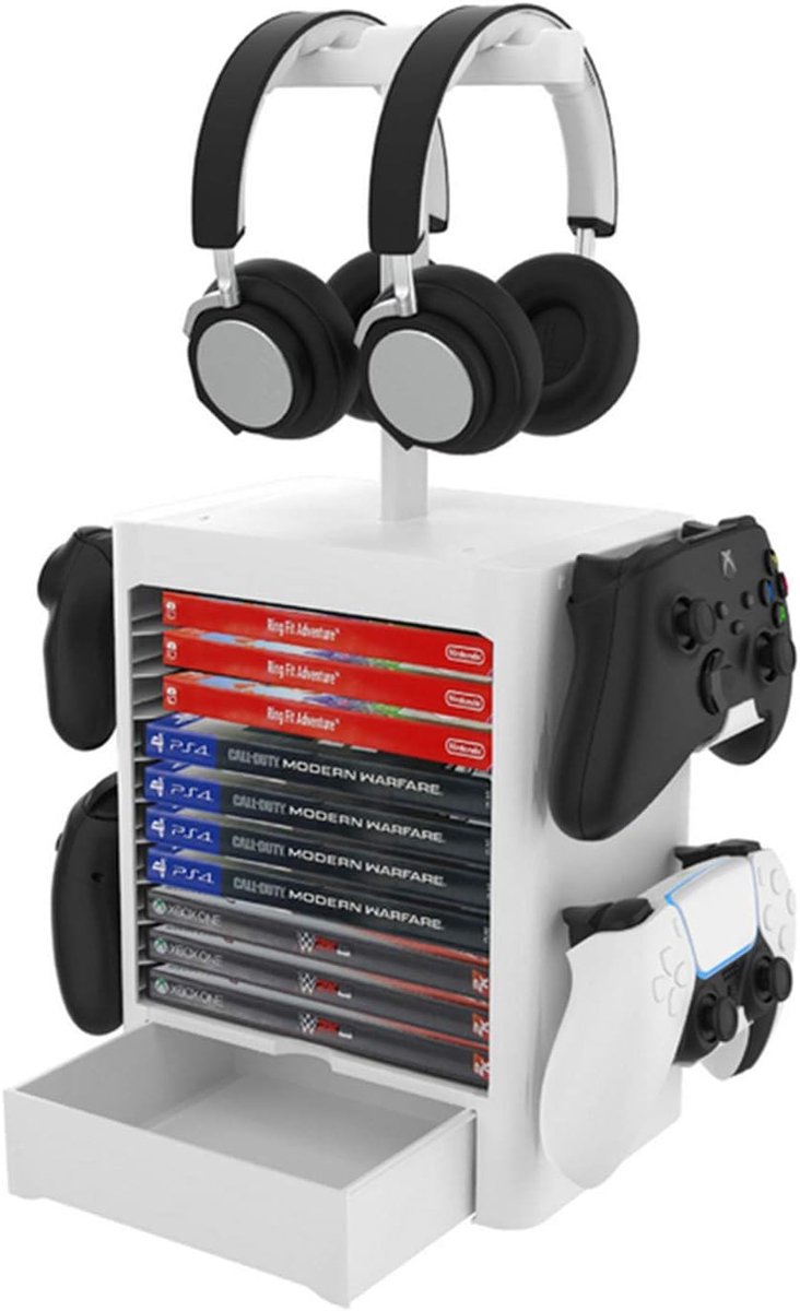 Opbergtorenstandaard voor PS5, schijforganizer, voor 10 games, 4 controllers, 2 hoofdtelefoon, opberghouder voor dvd-schijf voor Playstation 5/4/Slim/Pro