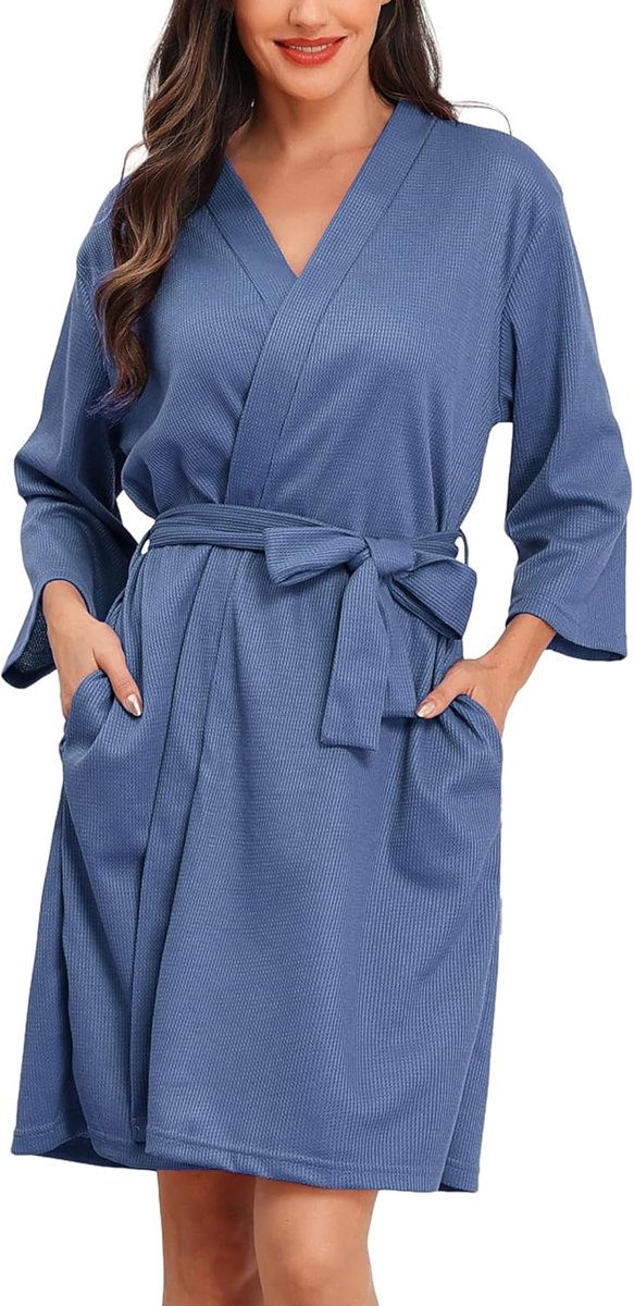 Korte kimono voor dames, met wafelpatroon, badjassen en ochtendjassen, zacht en licht, knielang, badjas met V-hals en riem
