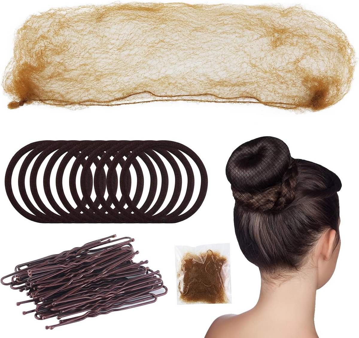 84-delige bruine onzichtbare haarknoopnetset, 32 onzichtbare haarnetjes met elastische rand, 40 U-vormige haarknoopspelden en 12 elastische haarbanden voor meisjes, vrouwen, balletdansers,