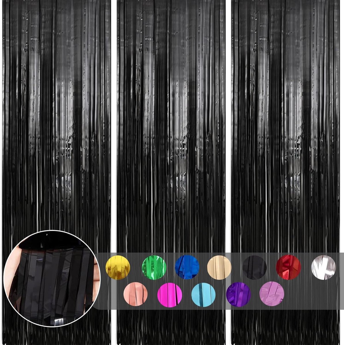 3 stks Zwart Glitter Folie Gordijn Achtergrond, 3 ft x 2 m Klatergoud Fringe Party Streamers voor Verjaardag Halloween Afstuderen Decoraties