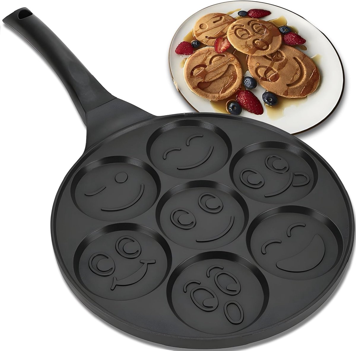 Pannenkoekenpan Ø 26,5 cm 7 Gaten Smiley Anti-aanbaklaag voor Pannenkoeken Spiegelei Eierpan Spiegeleipan Pannenkoekmaker Braadeieren Vormen Zwart